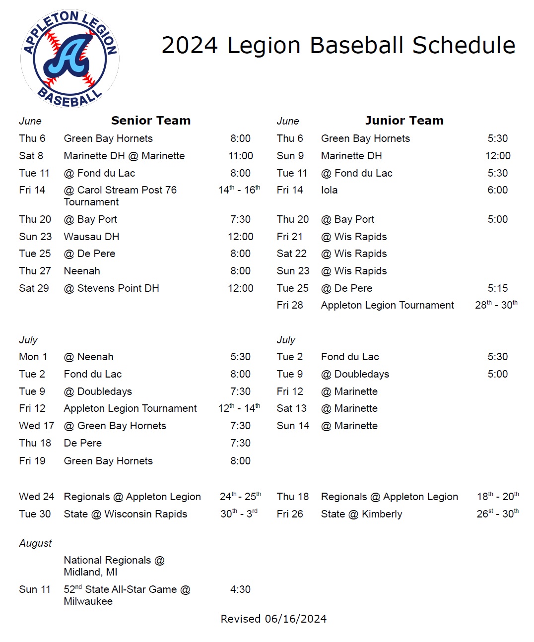 Appleton Legion Baseball Schedule